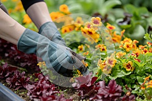 gardener wearing gloves planting a bed of citrine and garnet
