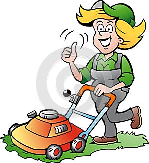 Gardener Woman with a Lawnmower