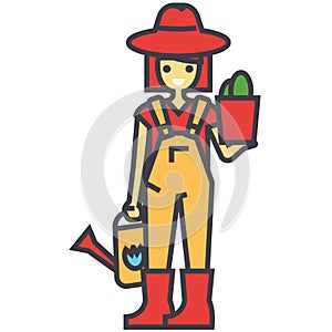 Gardener woman with plant and watering can, working in garden, farmer concept.