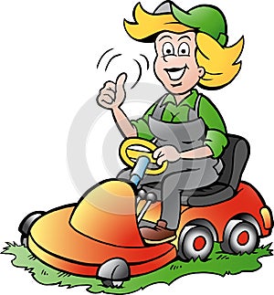 Gardener Woman riding on a Lawnmower