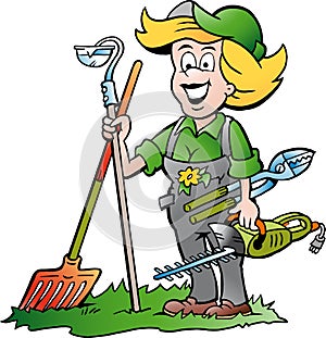 Gardener Woman standing with he Garden Tools