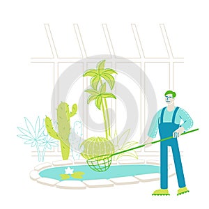 Gardener Worker or Botanist Scientist Character Catch Floating Lotus Flowers with Butterfly Net at Pond in Greenhouse