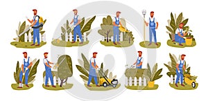 Gardener working flat vector illustrations set. Male handyman character mowing grass, trimming trees and bushes isolated