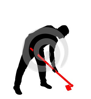 Gardener working soil with hoe in garden vector silhouette illustration. Gardener man digging earth.