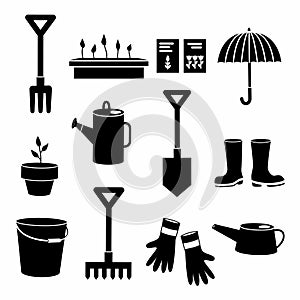 Gardeners Equipment Set Black icons