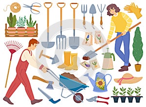 Gardeners with gardening equipment and tools, horticultural elements, plants. Shovel, watering can, seeds. People caring