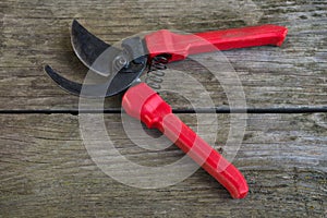 Gardeners hand tool - red pruner. Open pruner