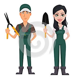 Gardeners, man and woman, cartoon characters, set.