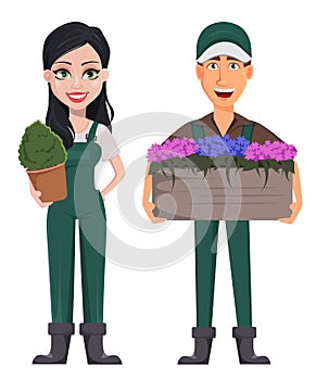 Gardeners, man and woman, cartoon characters, set.