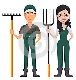 Gardeners, man and woman, cartoon characters, set.