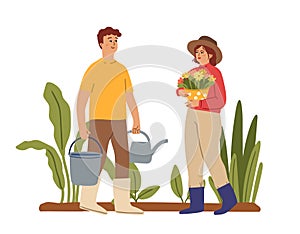 Gardeners. People in garden, planting season. Green plants, woman hold flowers in pot. Man with bucket and watering can