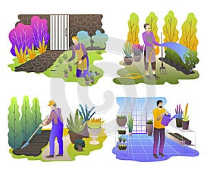 Gardeners set. Men working in the garden. People with plants and tools work outdoor and in the greenhouse.