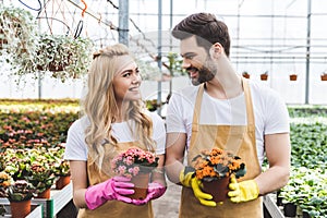 Gardeners wearing protective gloves and holding blooming flowers