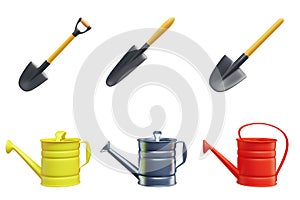 Gardening 3d icons set. Tools shovel watering can.
