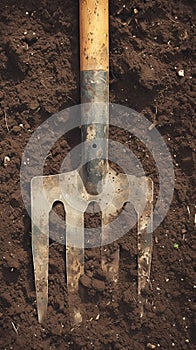 Gardening aftermath Used dirty metal cultivator close up on soil