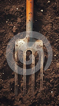 Gardening aftermath Used dirty metal cultivator close up on soil