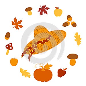 Gardening. Autumn set: straw hat, pumpkin, apple, mushroom, acorn, maple and oak leaf. Harvest festival. Flat design