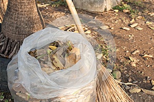 Gardening with bag of dry leaves and broom