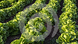 Gardening banner background with green lettuce plants. Agricultural field with Green lettuce leaves on garden beds in the vegetab