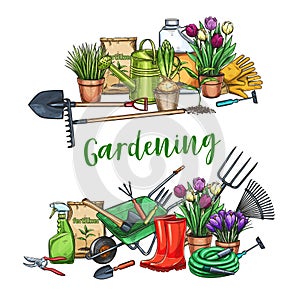 Gardening banner with tools