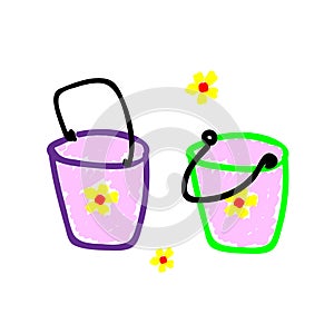 Gardening or beachfront pink bucket childrens toy for sand in a deliberately childish style. Imitation child drawing. Sketch,