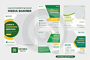 Gardening business social media post set vector for marketing. Lawn and farming service poster template collection with photo