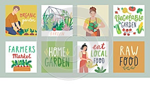 Gardening cards with letterings, working people and other elements. Farmers products and home Garden set. Flat