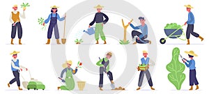 Gardening characters. Farm workers, gardeners planting, watering and gathering agriculture plants and greens. Gardener