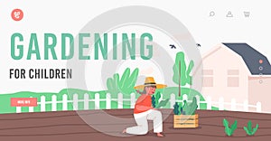 Gardening for Children Landing Page Template. Little Girl Farmer or Cottager Working in Garden Planting Green Sprouts
