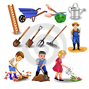 Gardening cliparts, like tools and people working