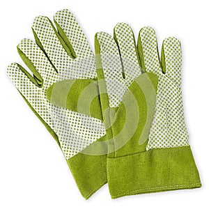 Gardening cloth green safety gloves, top view isolated on white background. Gardening tool equipment. Spring concept for home