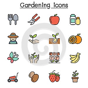 Gardening color line icon set