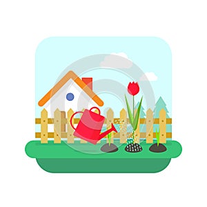 Gardening concept vector, village home and garden with flowers landscape