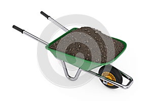 Gardening and Construction Green Wheelbarrow with Soil. 3d Rendering