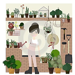 Gardening Decorations set with Girl flat Style vector / Illustration