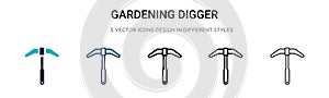 Gardening digger icon in filled, thin line, outline and stroke style. Vector illustration of two colored and black gardening