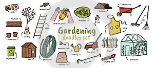 Gardening doodles set hand drawn cartoon style vector illustration. Gardening tools. Garden work essentials