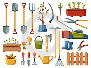 Gardening equipment. Abstract cartoon garden tools with pitchfork spade watering can trowel gloves shovel rake