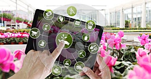 Gardening equipment e-commerce concept, online shopping on digital tablet, hand pointing and touch screen with green tools icons,