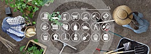 Gardening equipment e-commerce concept, online shopping icons, man and woman together work in the vegetable garden, place a plant