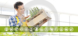 Gardening equipment e-commerce icons, smiling woman with wooden box full of spice herbs on white background, spring garden