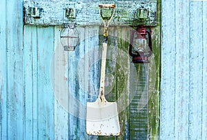 Gardening Equipment, Gardening Tools with lamp hang on wood wall