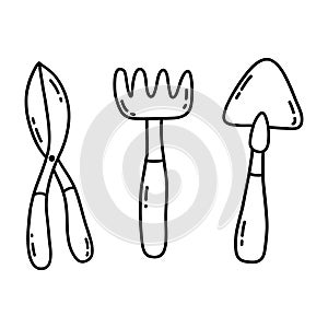 Gardening equipment set. Hoe, pruner, cultivator. Vector doodle