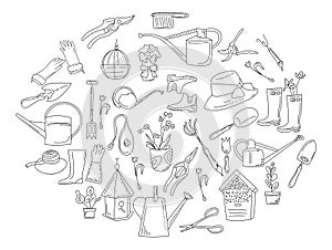 Gardening equipment and tools in doodle style. Hand drawn set for planting and seedling.Eco hobby.