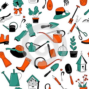 Gardening equipment and tools seamless pattern in doodle style. Hand drawn set on white background for planting.