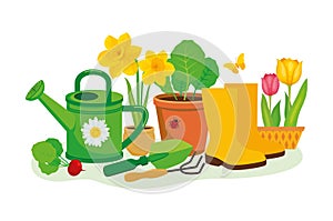 Gardening equipment and tools still life vector illustration