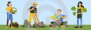 Gardening or farm works. Men and women gardeners