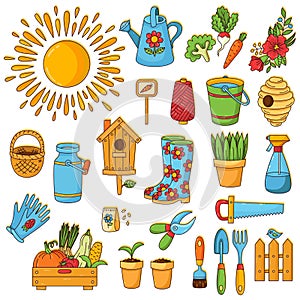 Gardening farming icons set