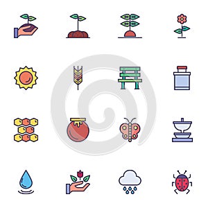 Gardening filled outline icons set