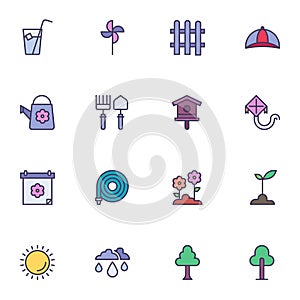 Gardening filled outline icons set